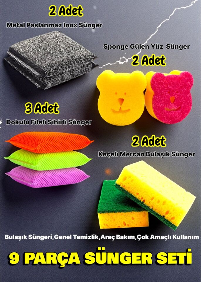 Technow 9 Parça Çok Amaçlı Genel Kullanım Mutfak Bulaşık Süngeri Yıkama Seti