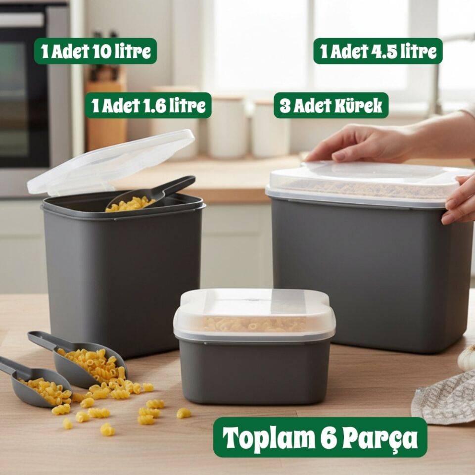 Vip Ahmet VP-038 Masal Saklama Kabı Seti 10 Lt+ 4,5 Lt+1,6 Lt Gri