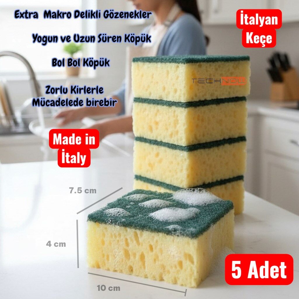 Technow Çift Taraflı  Çizmez  İtalyan Keçeli Kaliteli Buble Mercan Bulaşık Sünger 5 Adet