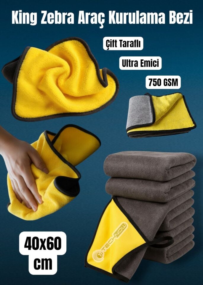 Technow King Zebra  50x70 cm 240 GSM Çift Taraflı Araç Oto Kurulama Temizlik  Bezi