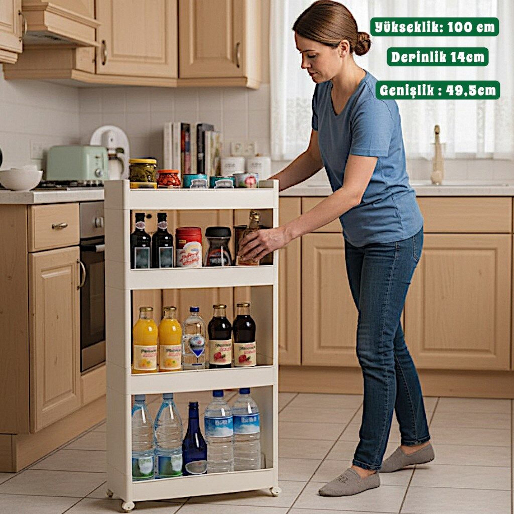Technow Motek SR-04 Tekerlekli Plastik Mutfak,Banyo Rafı 4 Katlı Organizer Beyaz