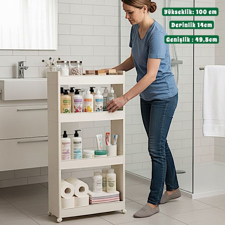 Technow Motek SR-04 Tekerlekli Plastik Mutfak,Banyo Rafı 4 Katlı Organizer Beyaz