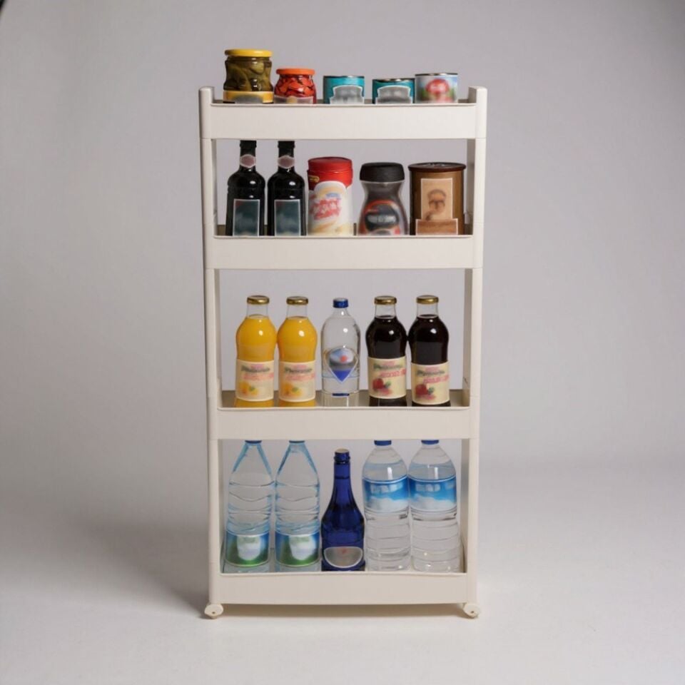 Technow Motek SR-04 Tekerlekli Plastik Mutfak,Banyo Rafı 4 Katlı Organizer Beyaz