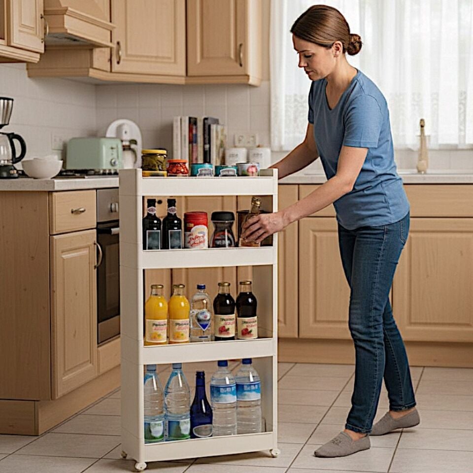 Technow Motek SR-04 Tekerlekli Plastik Mutfak,Banyo Rafı 4 Katlı Organizer Beyaz