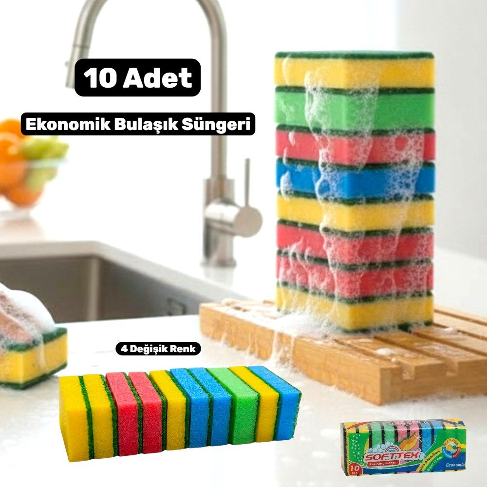 Technow Klasik 9 x 6 cm 4 Renkli Düz Bulaşık Süngeri 10 Adet