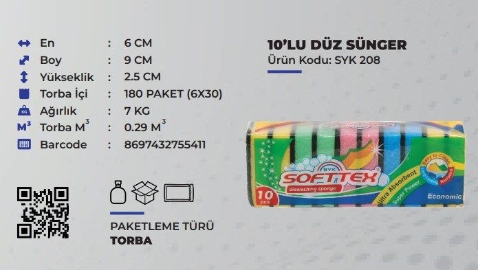 Technow Klasik 9 x 6 cm 4 Renkli Düz Bulaşık Süngeri 10 Adet