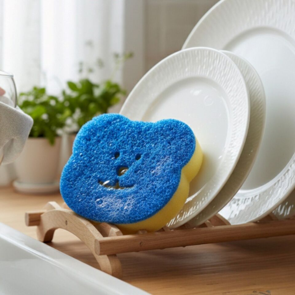 Technow Sponge Çift Taraflı Gülen Yüz Çok Amaçlı Sihirli Bulaşık Süngeri Sarı Lacivert  2 Adet