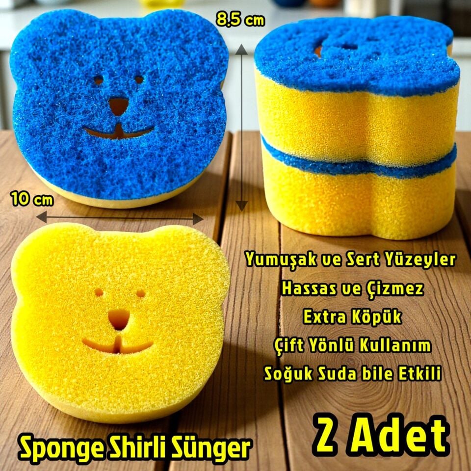 Technow Sponge Çift Taraflı Gülen Yüz Çok Amaçlı Sihirli Bulaşık Süngeri Sarı Lacivert  2 Adet