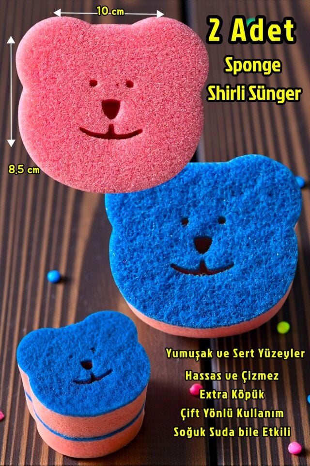 Technow Sponge Çift Taraflı Gülen Yüz Çok Amaçlı Sihirli Bulaşık Süngeri Pembe Lacivert  2 Adet