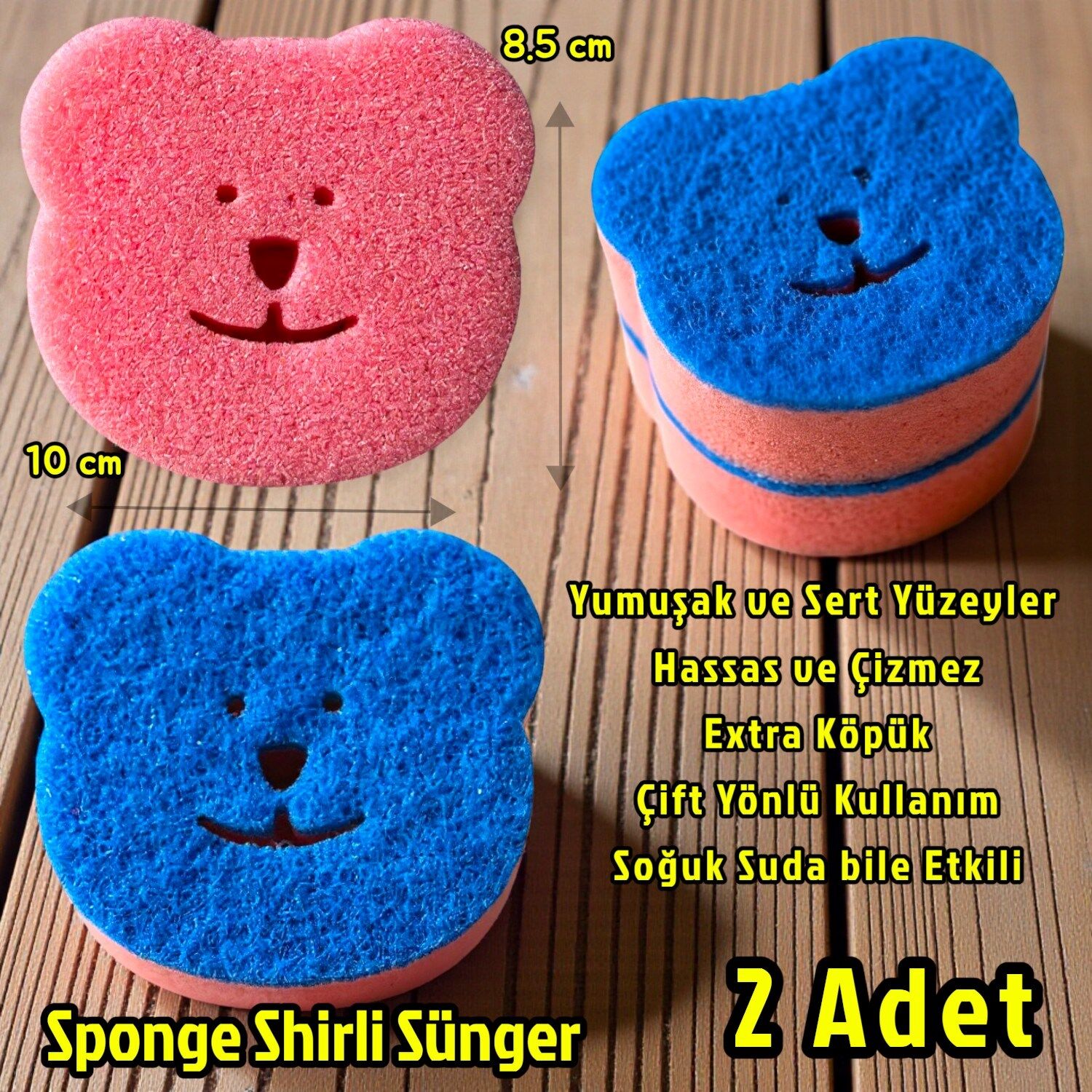 Technow Sponge Çift Taraflı Gülen Yüz Çok Amaçlı Sihirli Bulaşık Süngeri Pembe Lacivert  2 Adet