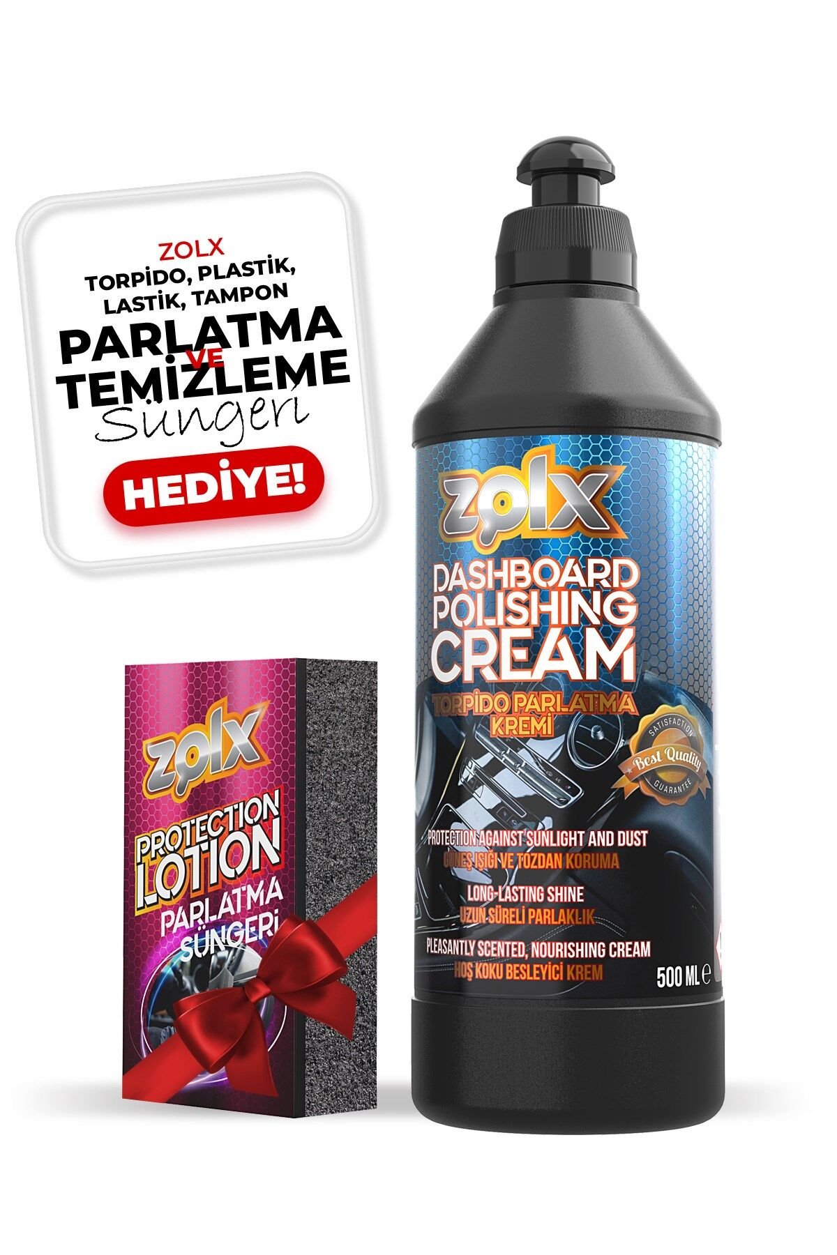Zolx Torpido Plastik Parlatıcı Bakım Kremi Tüm Araçlar İçin 500ml + Sünger HEDİYELİ.