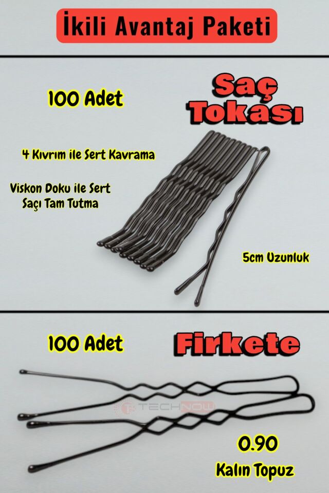 Technow 100 Adet Tel Saç Tokası+100 Adet 0.90 Saç Firketesi Toplam 200 Adet