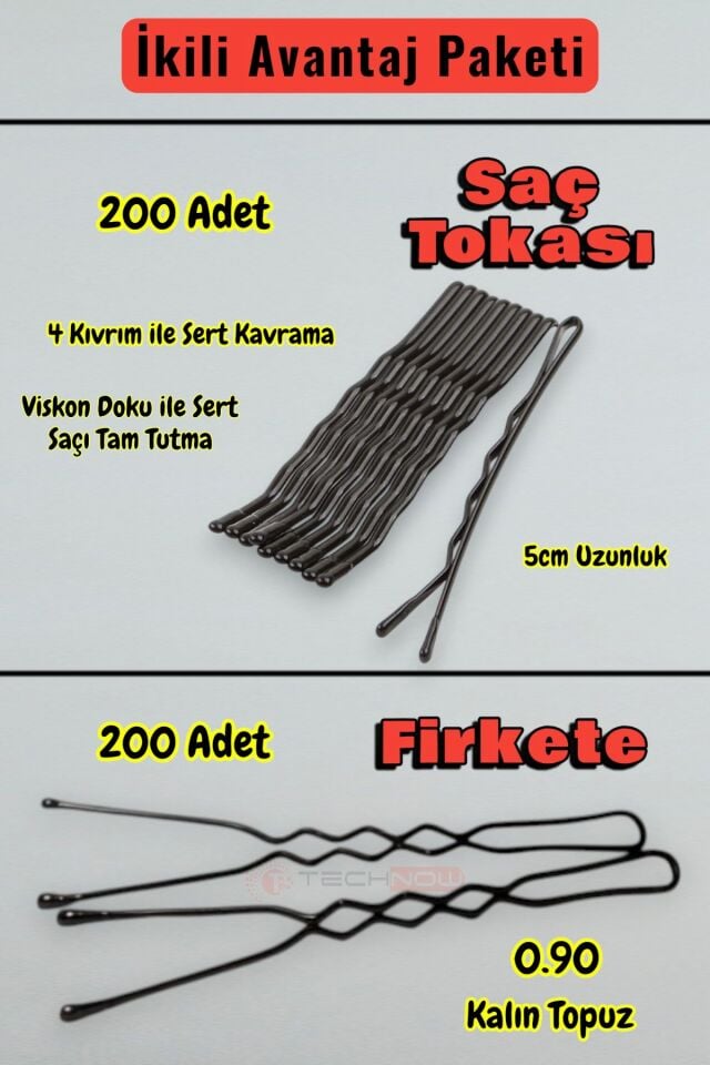 Technow 200 Adet Tel Saç Tokası+200 Adet 0.90 Saç Firketesi Toplam 400 Adet