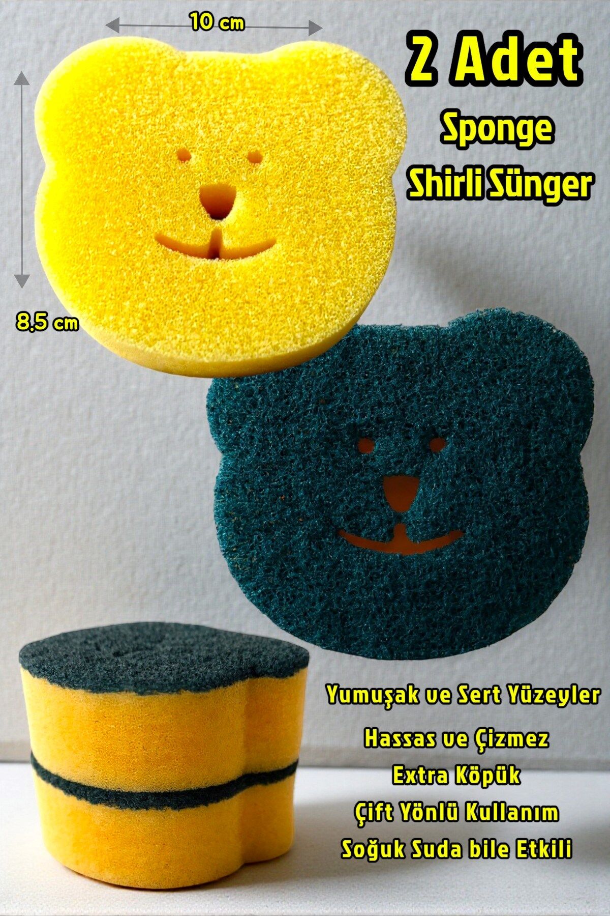 Technow Sponge Çift Taraflı Gülen Yüz Çok Amaçlı Sihirli Bulaşık Süngeri Sarı Yeşil 2 Adet