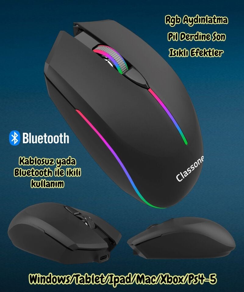 Classone Crgb100 2.4 Ghz Rgb Işıklı Efektli Pilsiz Notebook/Ipad/Tablet  Kablosuz Mouse
