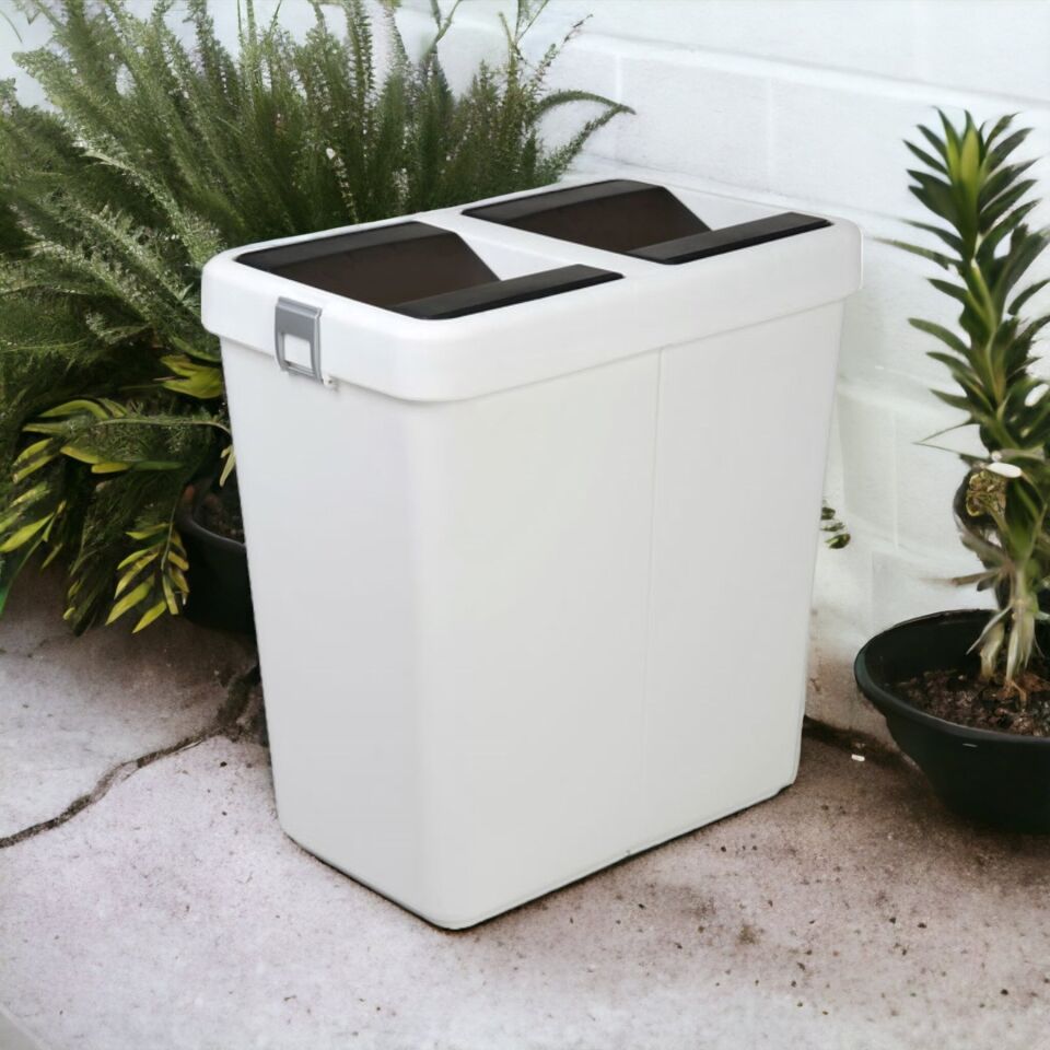 Technow Motek 80 Litre Hassas Kapaklı Çift Gözlü Geri Dönüşüm Çöp Kutusu Kovası Beyaz