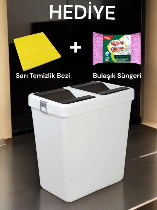 Technow Motek 80 Litre Hassas Kapaklı Çift Gözlü Geri Dönüşüm Çöp Kutusu Kovası Beyaz