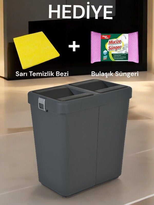 Motek 80 Litre Hassas Kapaklı Çift Gözlü Geri Dönüşüm Çöp Kutusu Kovası Antrasit