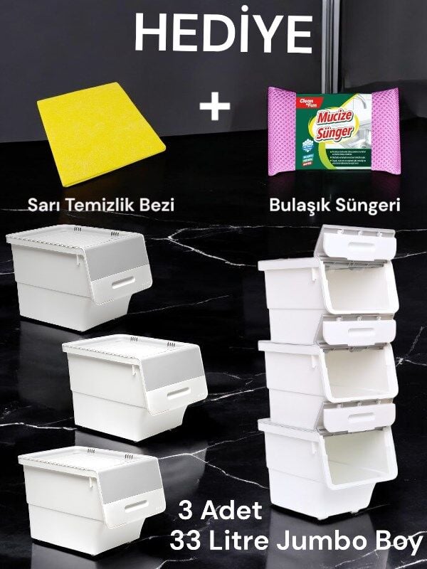 Technow Motek 33 Litre Beyaz Gri Tekerlekli 3*33 Lt 3'lü Set Organizer + Temizlik Seti