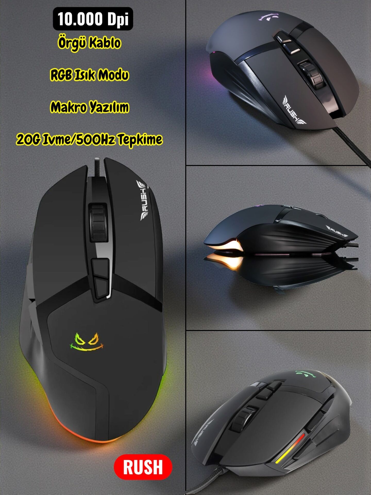 Rush Poıson RM82 10000 Dpı RGB 7d Gaminf Oyuncu Mouse