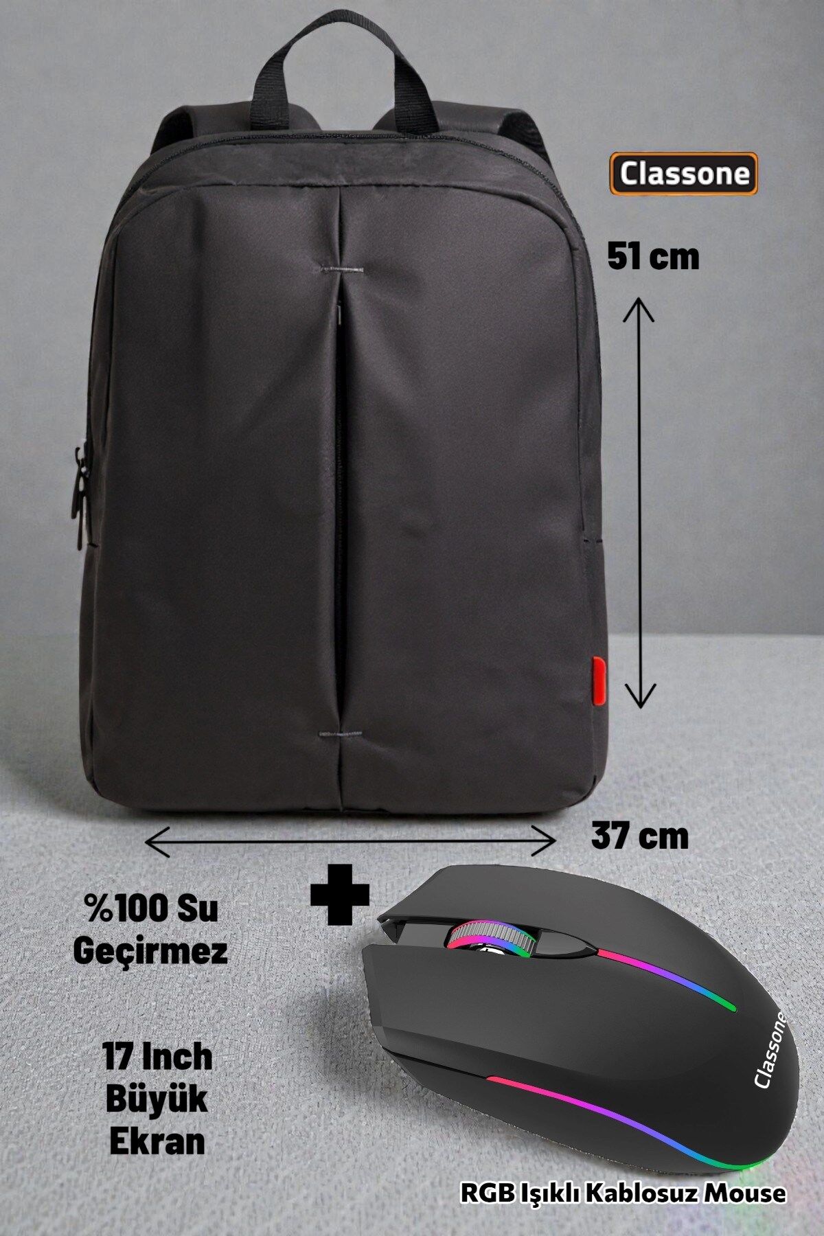 Classone PR-R174 Su Geçirmez Kumaş 17 Inch Laptop Sırt Çantası + Rgb Işıklı Kablosuz Mouse