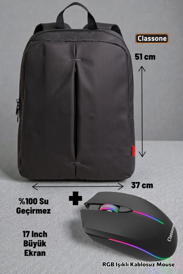 Classone PR-R174 Su Geçirmez Kumaş 17 Inch Laptop Sırt Çantası + Rgb Işıklı Kablosuz Mouse