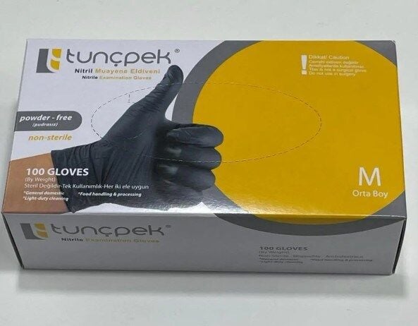 Tunçpek Nitril Pudrasız Kuaför ve Muayene Eldiveni Medium Siyah 100 Adet-M