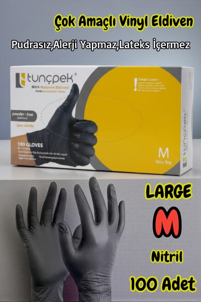 Tunçpek Nitril Pudrasız Kuaför ve Muayene Eldiveni Medium Siyah 100 Adet-M