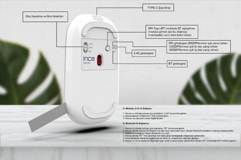 Inca IWM-242K Bluetooth+Wireless Double Mod Rechargeable Silent Mouse