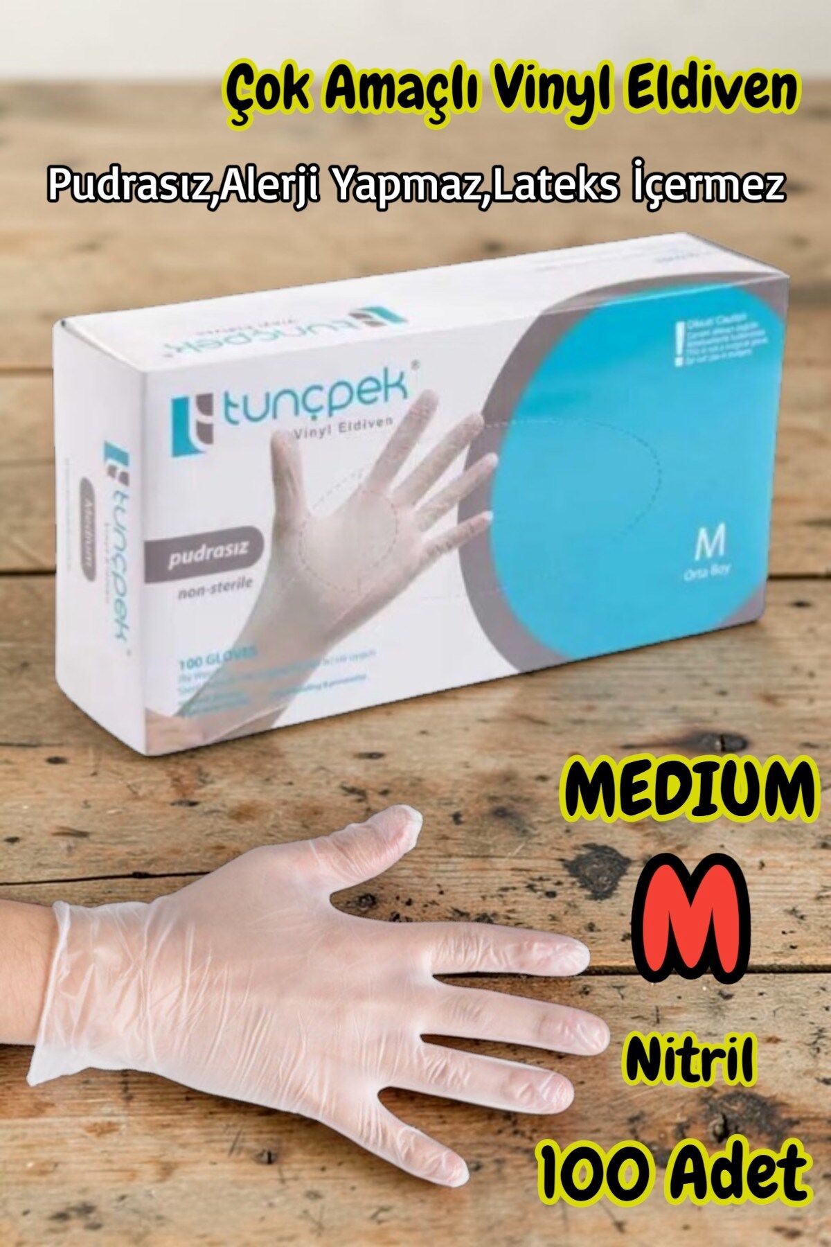 Tunçpek Pudrasız M Çok Amaçlı Vinyl Eldiven Medium(Orta) Beden 100'lü