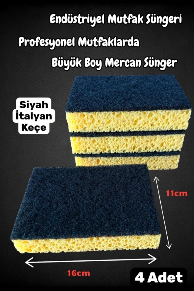 Technow Lüx İtalyan Keçeli  Endüstriyel Catering/Restaurant Büyük Boy Mercan Bulaşık Süngeri 4 Adet