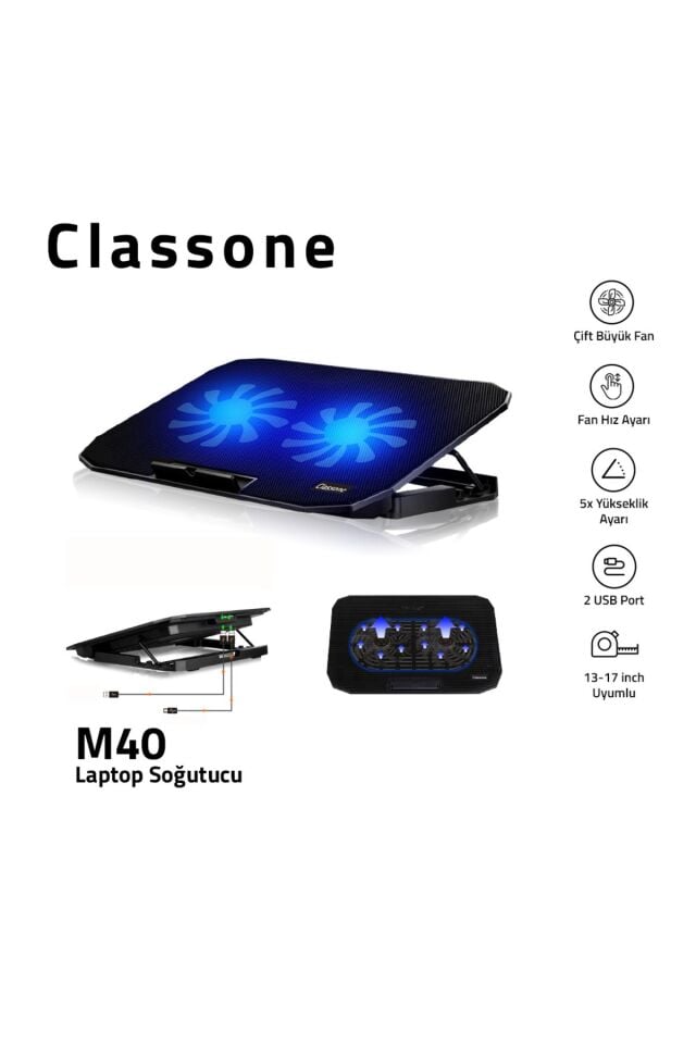 M40 Gaming Laptop Soğutucu Notebook Standı, Mavi Led ,14-15.6-17 Inch Uyumlu, 2 Fan, 2 Usb