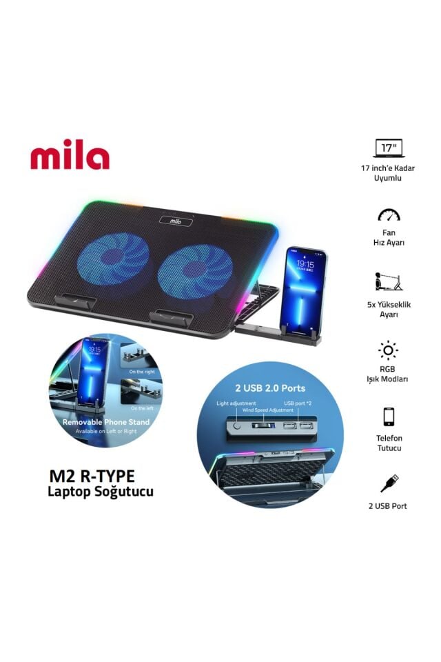 Classone Mila Serisi M2 R-TYPE RGB Işıklı, 2 Büyük Fan, Telefon Standı,2 USB Notebook Soğutucu Stand