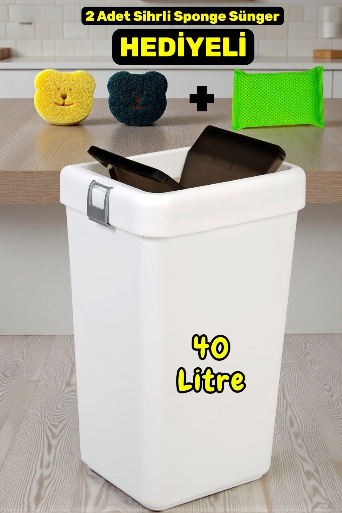 Technow Motek COB-412 40 Litre Kilitli Hassas Kapaklı Çöp Kutusu Kovası + Temizlik Seti