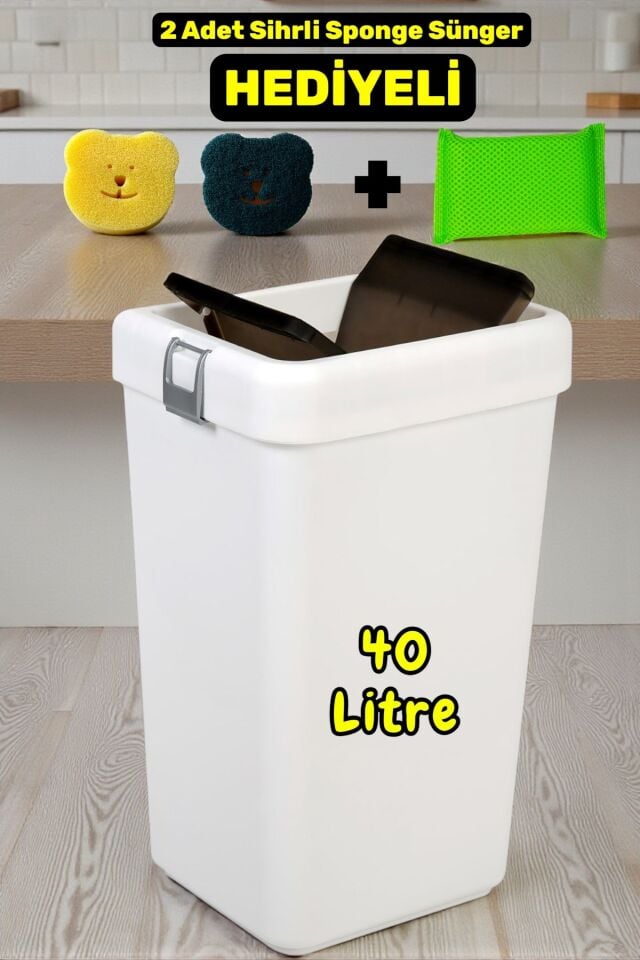 Technow Motek COB-412 40 Litre Kilitli Hassas Kapaklı Çöp Kutusu Kovası + Temizlik Seti