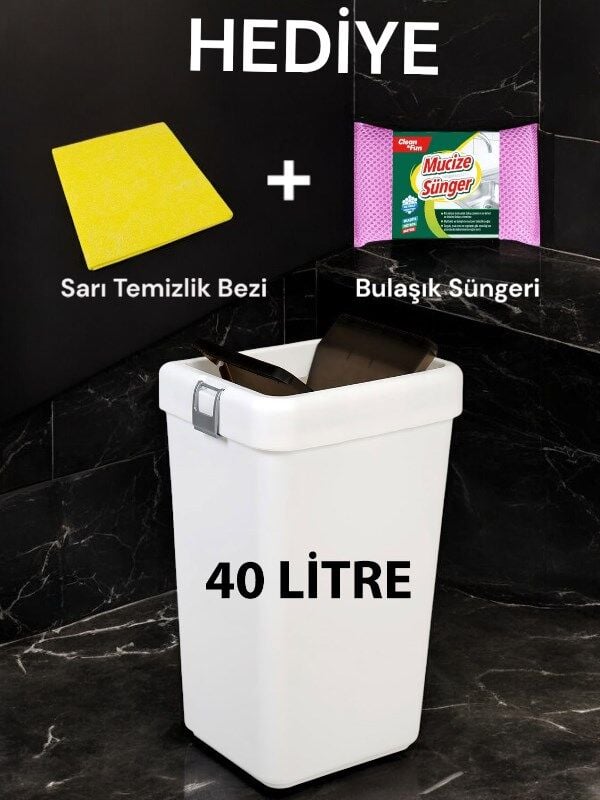 Technow Motek COB-412 40 Litre Kilitli Hassas Kapaklı Çöp Kutusu Kovası + Temizlik Seti