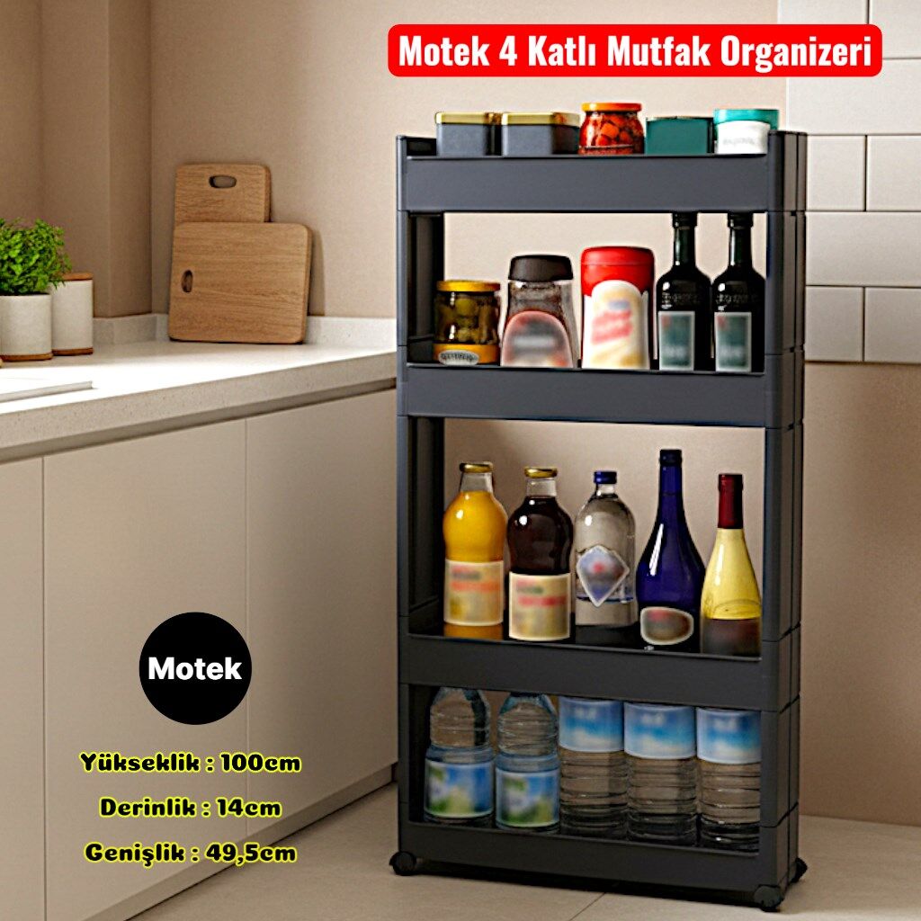 Technow Motek SR-04 Tekerlekli Plastik,Mutfak,Banyo Rafı 4 Katlı Organizer  Antrasit