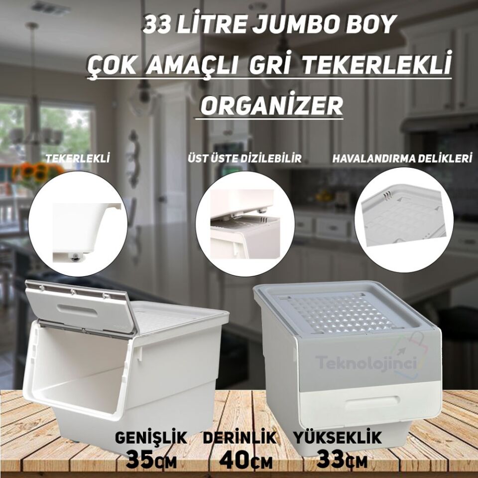 Technow Motek TCH-MT04 33 Litre Beyaz Gri Tekerlekli Tekli Organizer + Temizlik Seti