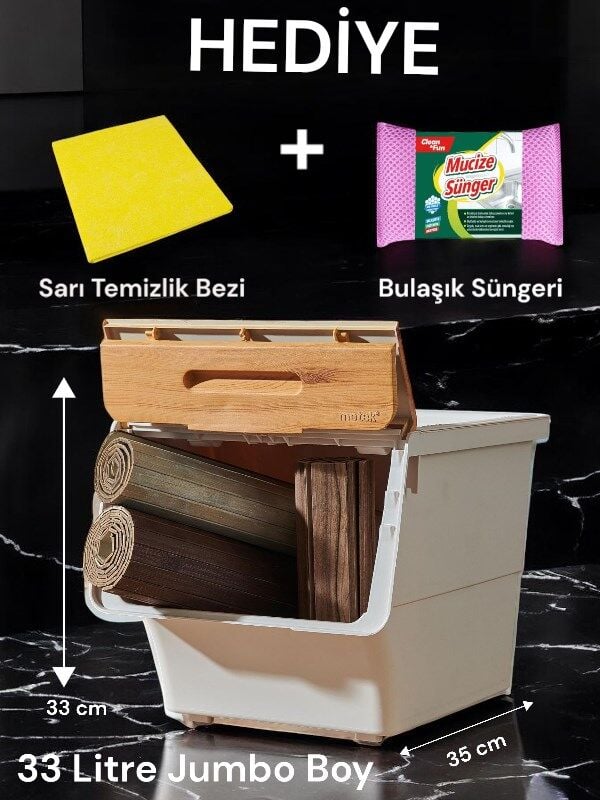 Technow Motek TCH-MT04B 33 Litre Jumbo Boy Bambu Desen Tekerlekli Tekli Organizer + Temizlik Seti