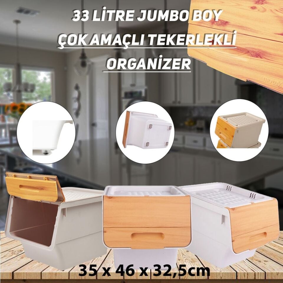 Technow Motek TCH-MT04B 33 Litre Jumbo Boy Bambu Desen Tekerlekli Tekli Organizer + Temizlik Seti