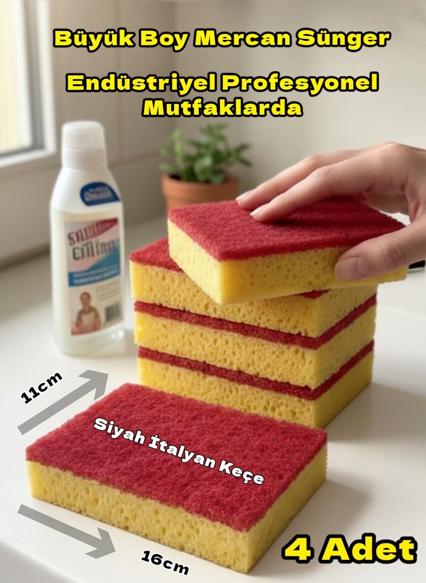 Technow Lüx Kırmızı İtalyan Keçeli Catering/Restaurant Büyük Boy Mercan Bulaşık Süngeri 4 Adet