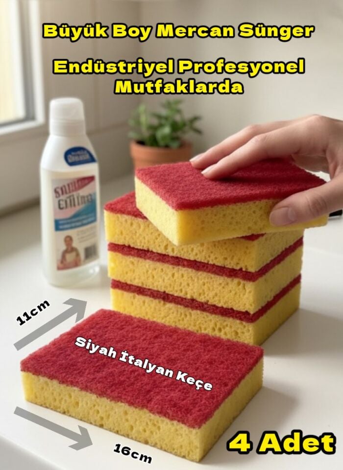 Technow Lüx Kırmızı İtalyan Keçeli Catering/Restaurant Büyük Boy Mercan Bulaşık Süngeri 4 Adet