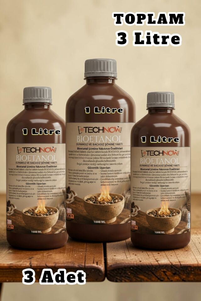 Technow 3000ml Kokusuz ve Dumansız Yüksek Kaliteli Bioethanol Şömine Yakıtı 3 Litre