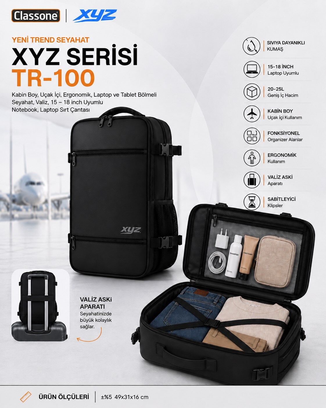 Classone XYZ TR-100 Kabin Boy Uçak İçi Ergonomik Laptop ve Tablet Bölmeli Seyahat Valiz Çanta