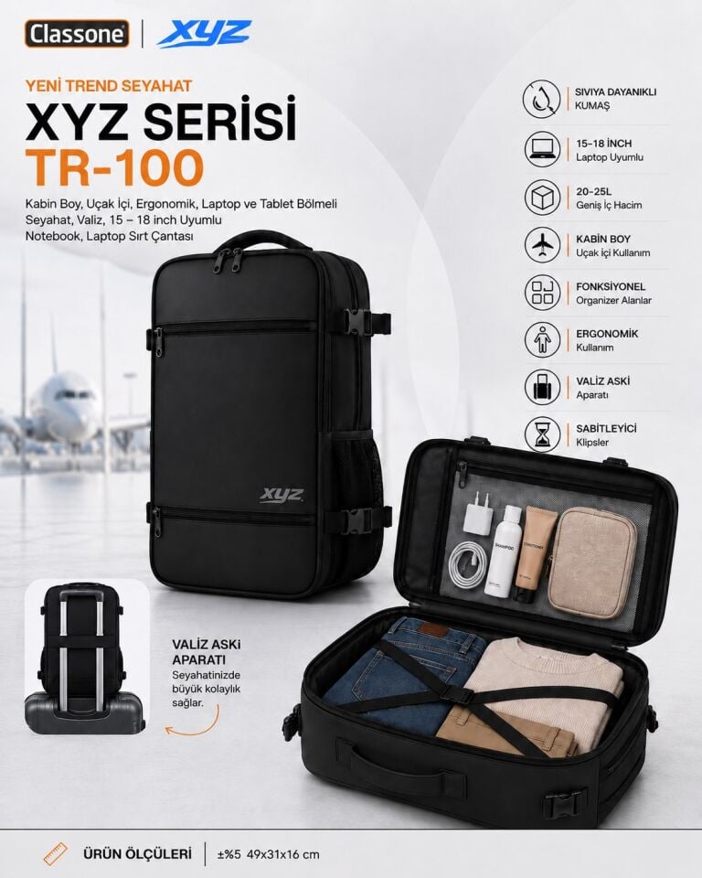 Classone XYZ TR-100 Kabin Boy Uçak İçi Ergonomik Laptop ve Tablet Bölmeli Seyahat Valiz Çanta