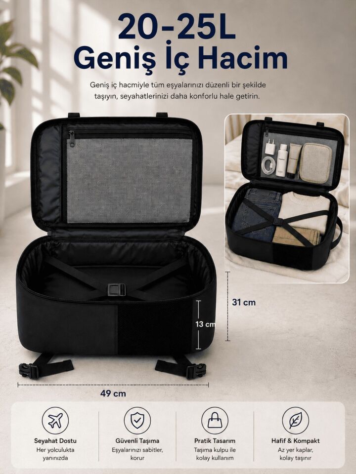 Classone XYZ TR-100 Kabin Boy Uçak İçi Ergonomik Laptop ve Tablet Bölmeli Seyahat Valiz Çanta