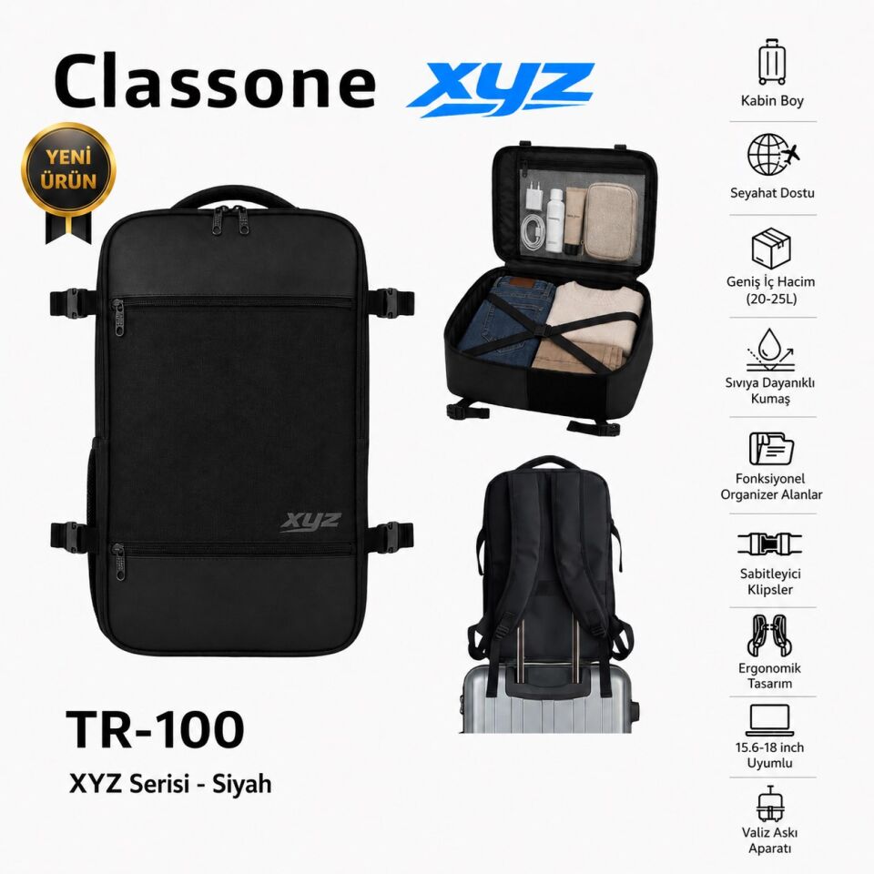 Classone XYZ TR-100 Kabin Boy Uçak İçi Ergonomik Laptop ve Tablet Bölmeli Seyahat Valiz Çanta