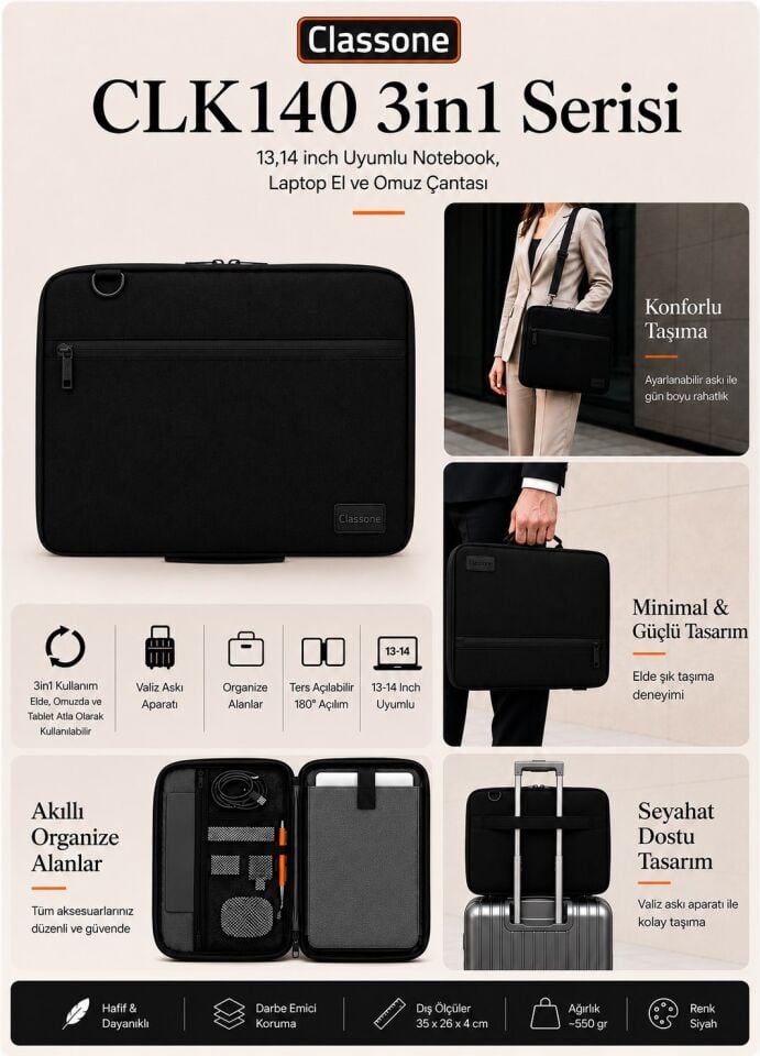 Classone 3in1 Serisi CLK140 13,14 inch Uyumlu Tablet Laptop El ve Omuz Çantası Siyah