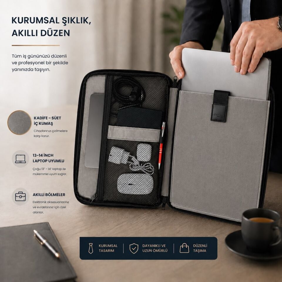 Classone 3in1 Serisi CLK140 13,14 inch Uyumlu Tablet Laptop El ve Omuz Çantası Siyah