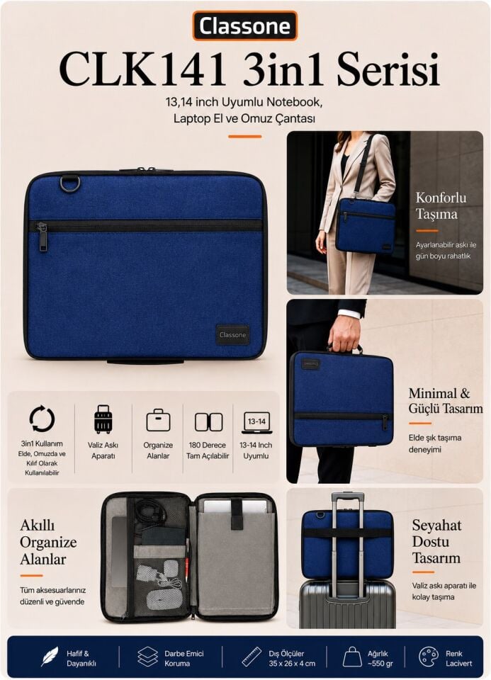 XYZ 3in1 Serisi XYZ141 13,14 inch Uyumlu Tablet, Laptop El ve Omuz Çantası - Lacivert